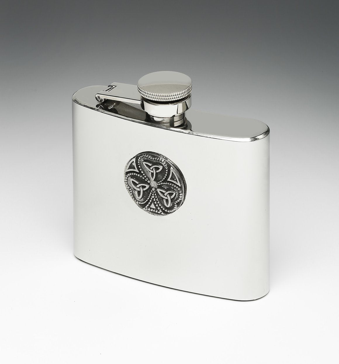 Whiskey Hip Flask with Shamrock and Trinity Knot Design by Mullingar Pewter