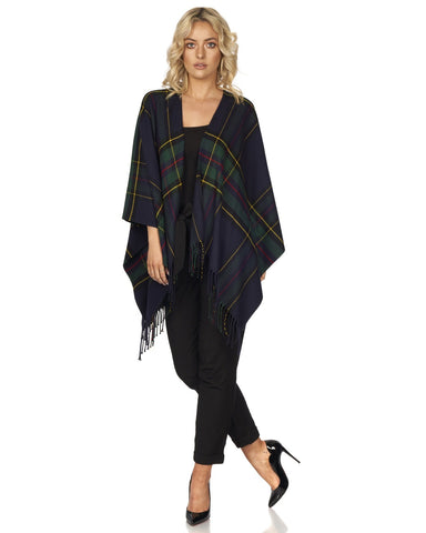 Women's fringed shawl in green and navy plaid design by Jimmy Hourihan of Ireland