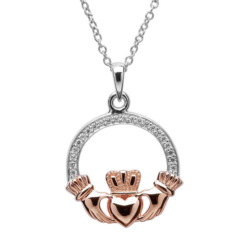 SP2082 Claddagh Stone Set Silver Rose Gold Plated Necklace by Shanore