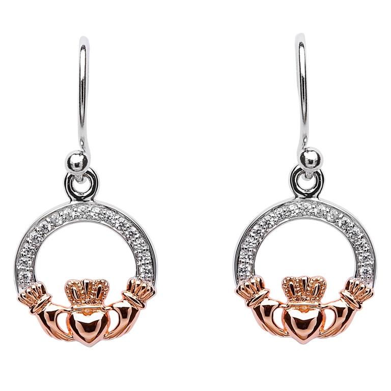 SE2083 Claddagh Stone Set Silver Rose Gold Plated Earrings by Shanore
