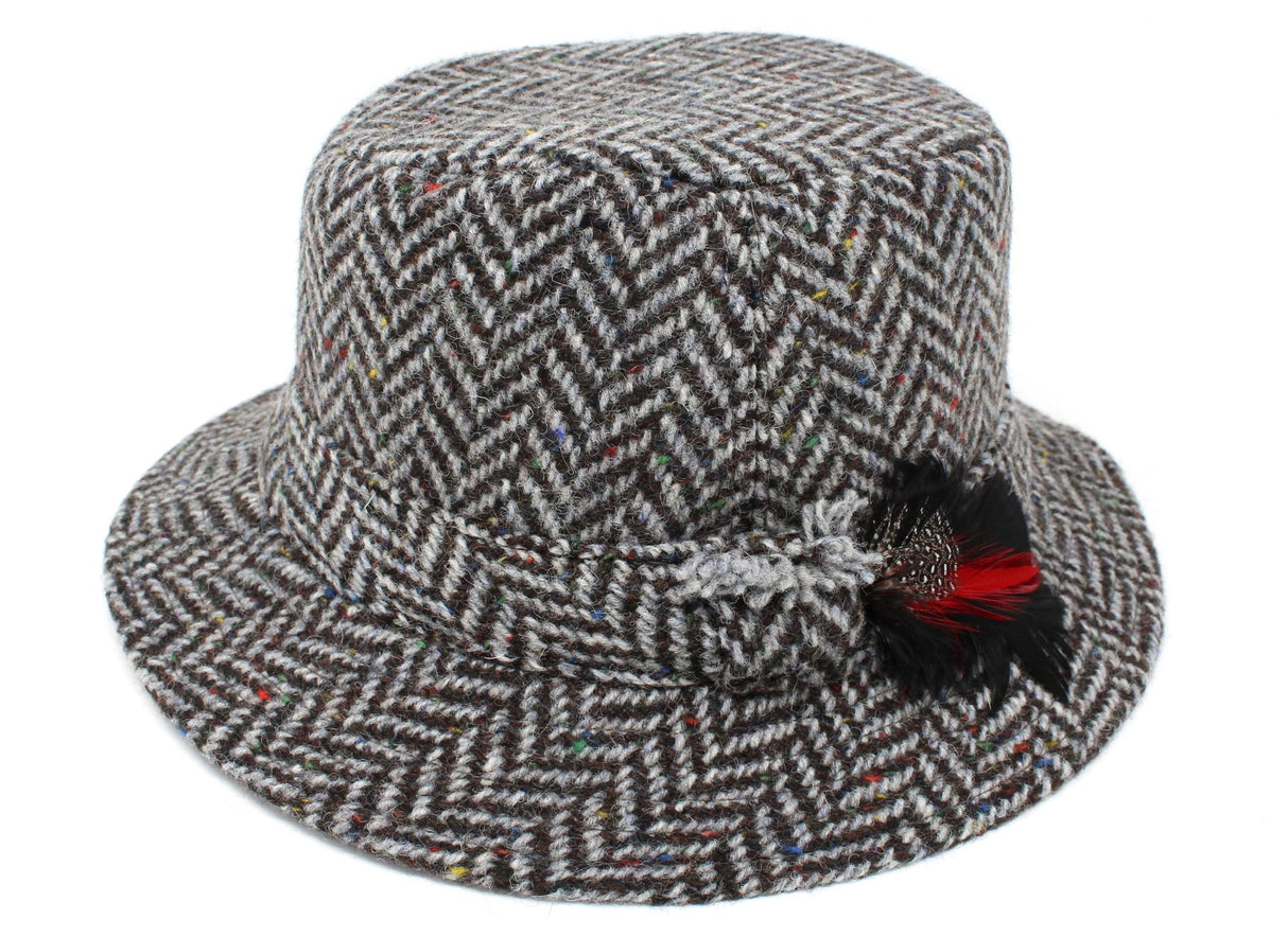 Irish Walking Hat - Tweed Multi Black Fleck Wide Herringbone - Irish Tweed - X-Large