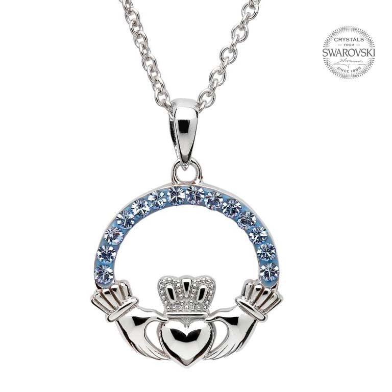 SW4 Light Sapphire Claddagh Necklace Embellished with Swarovski Crystals by Shanore