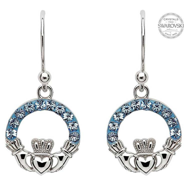 SW5 Light Saphire Claddagh Earrings Embellished with Swarovski Crystals by Shanore