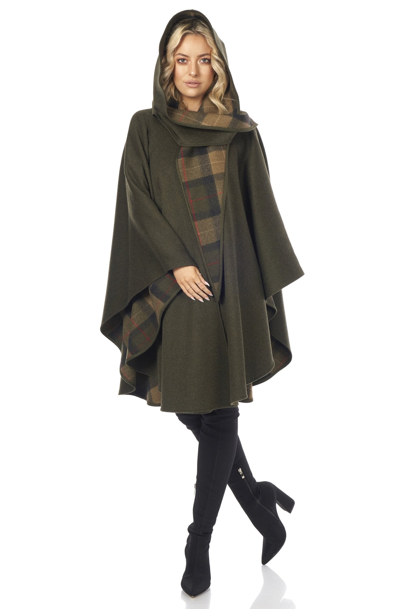 Moss green color women's knee length wool cape by Jimmy Hourihan, Dublin, Ireland