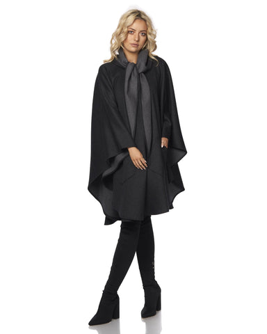 Black and Charcoal Women's Knee Length Wool Cape with pockets by Jimmy Hourihan, Dublin, Ireland