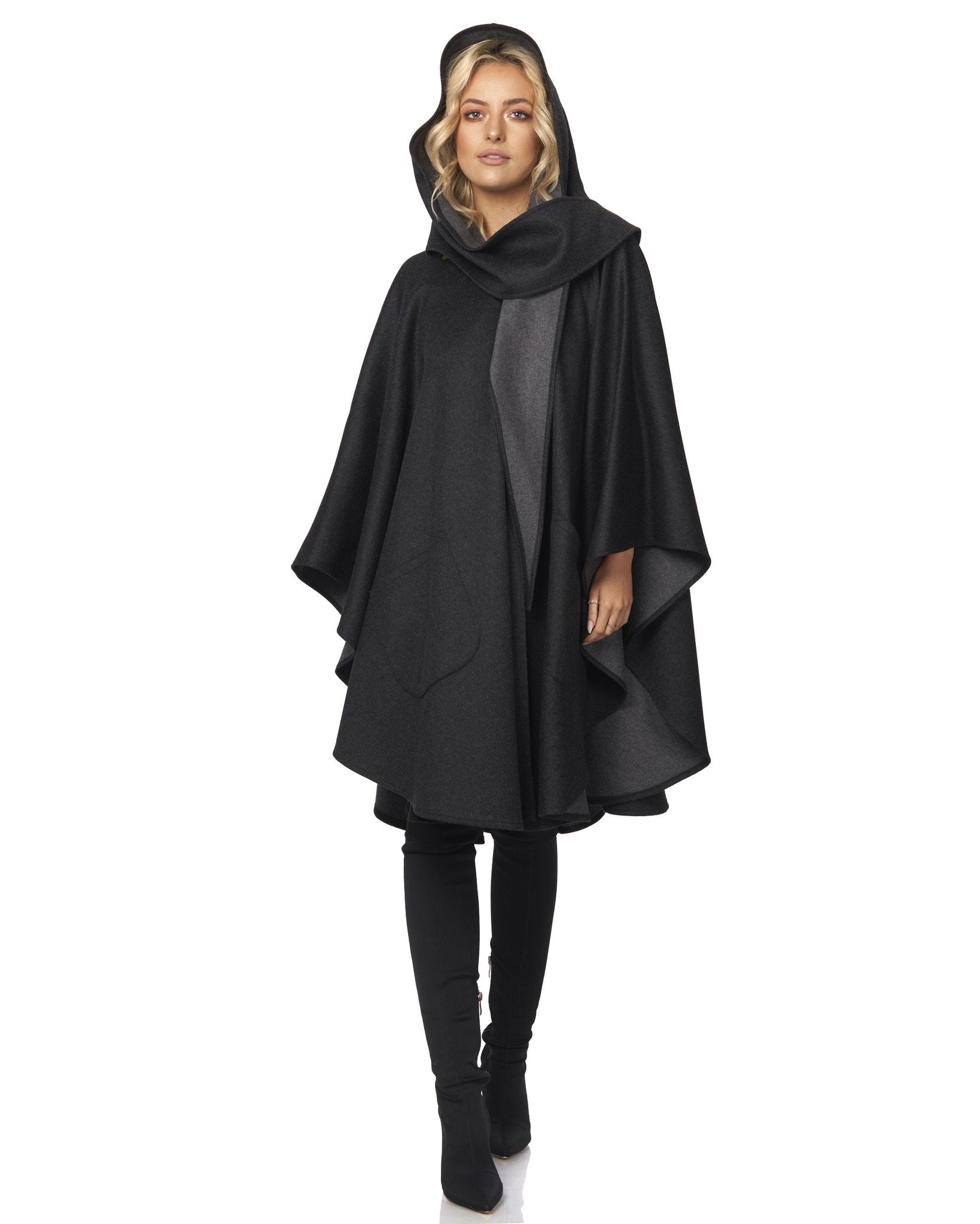 a*様 CHARCOAL CAPE HOODIE Jimmy Hourihan | Charcoal and Grey Knee Length Cape with Pockets
