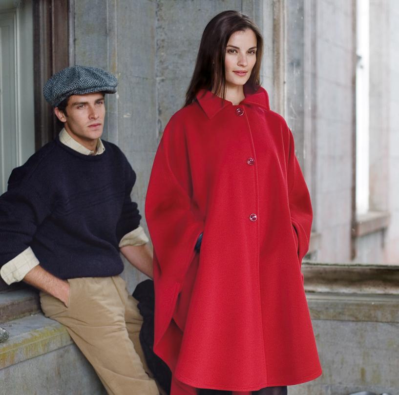 Red cashmere and wool cape with saddle stitching by Jimmy Hourihan, Dublin, Ireland