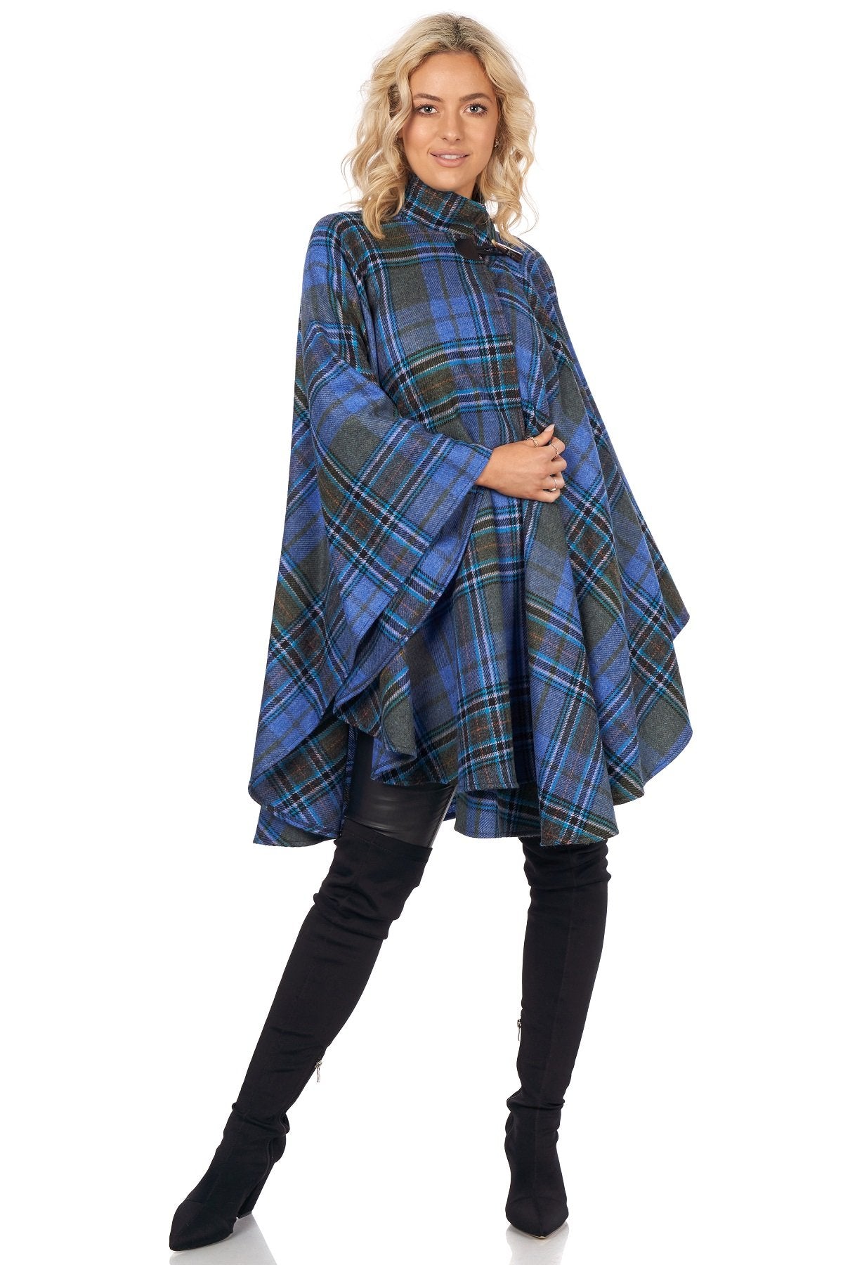 Women's blue and grey plaid cape with mandarin collar and toggle fastening by Jimmy Hourihan, Dublin, Ireland