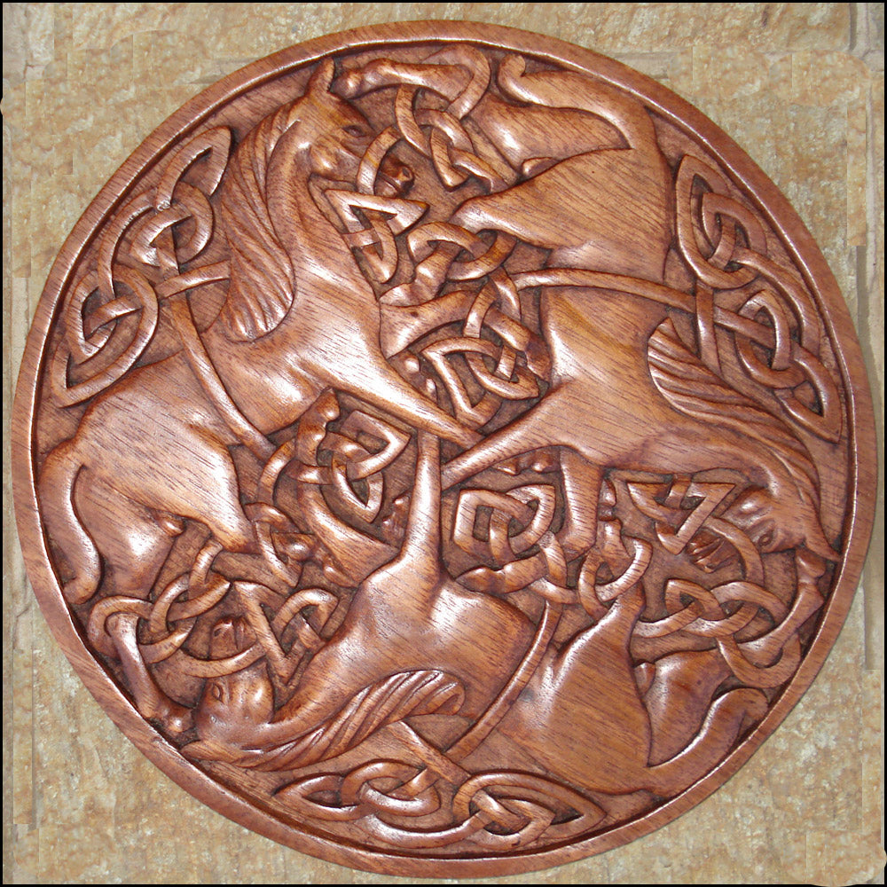 Three Celtic Horses in a Circle Wood Carving