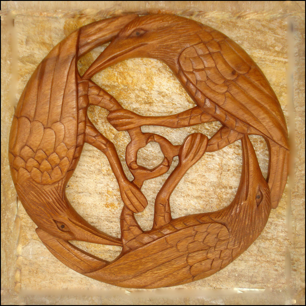 Three Celtic Ravens Wood Carving