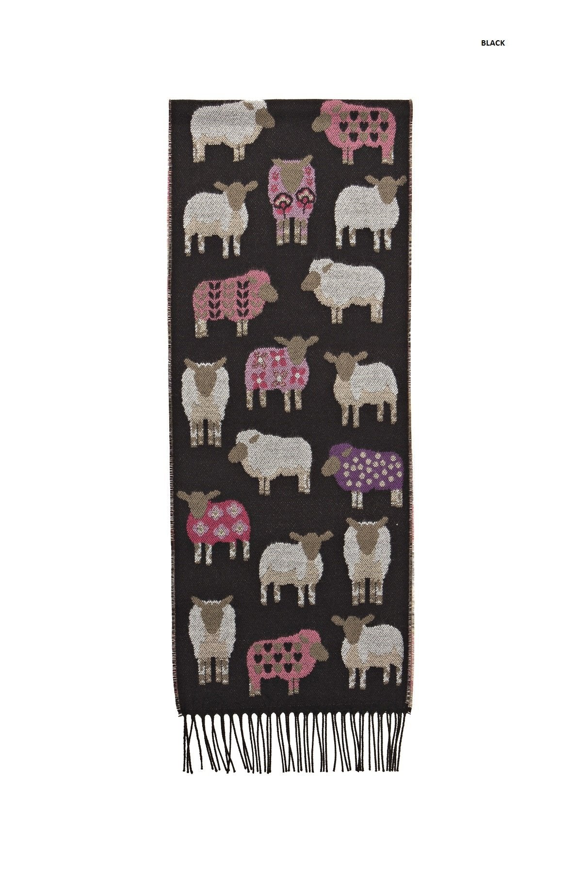 Black scarf with multiple sheep design motif by Jimmy Hourihan, Dublin, Ireland