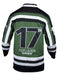 Back view of the Guinness green hockey jersey, long sleeve, mostly dark green, with some black and white also.