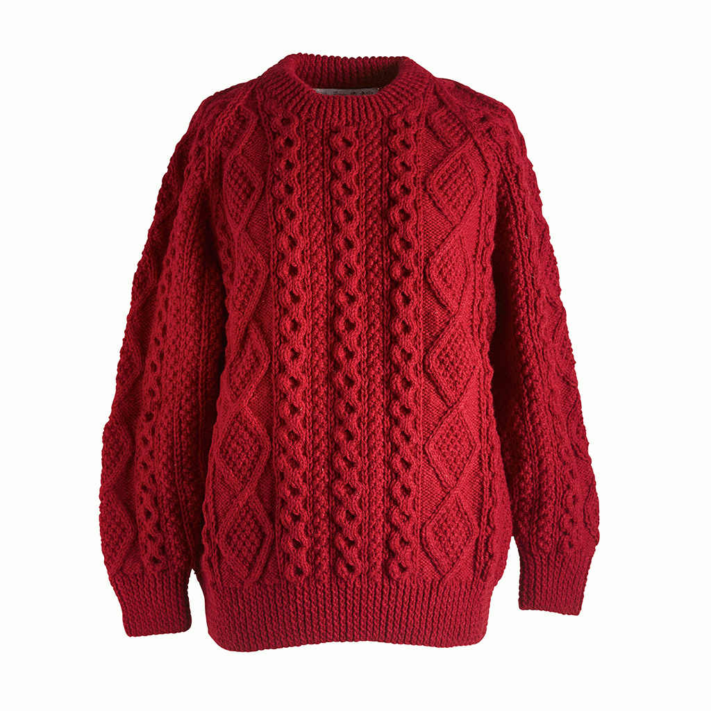 Irish Handknit Crewneck Aran Sweater | Real Irish Medium 42 / Red - 3717