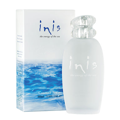 Inis Perfume 100ml bottle outside of it's original packaging with original box sitting behind it