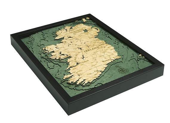 Flat view of Ireland 3 dimensional bathymetric laser cut depth chart.
