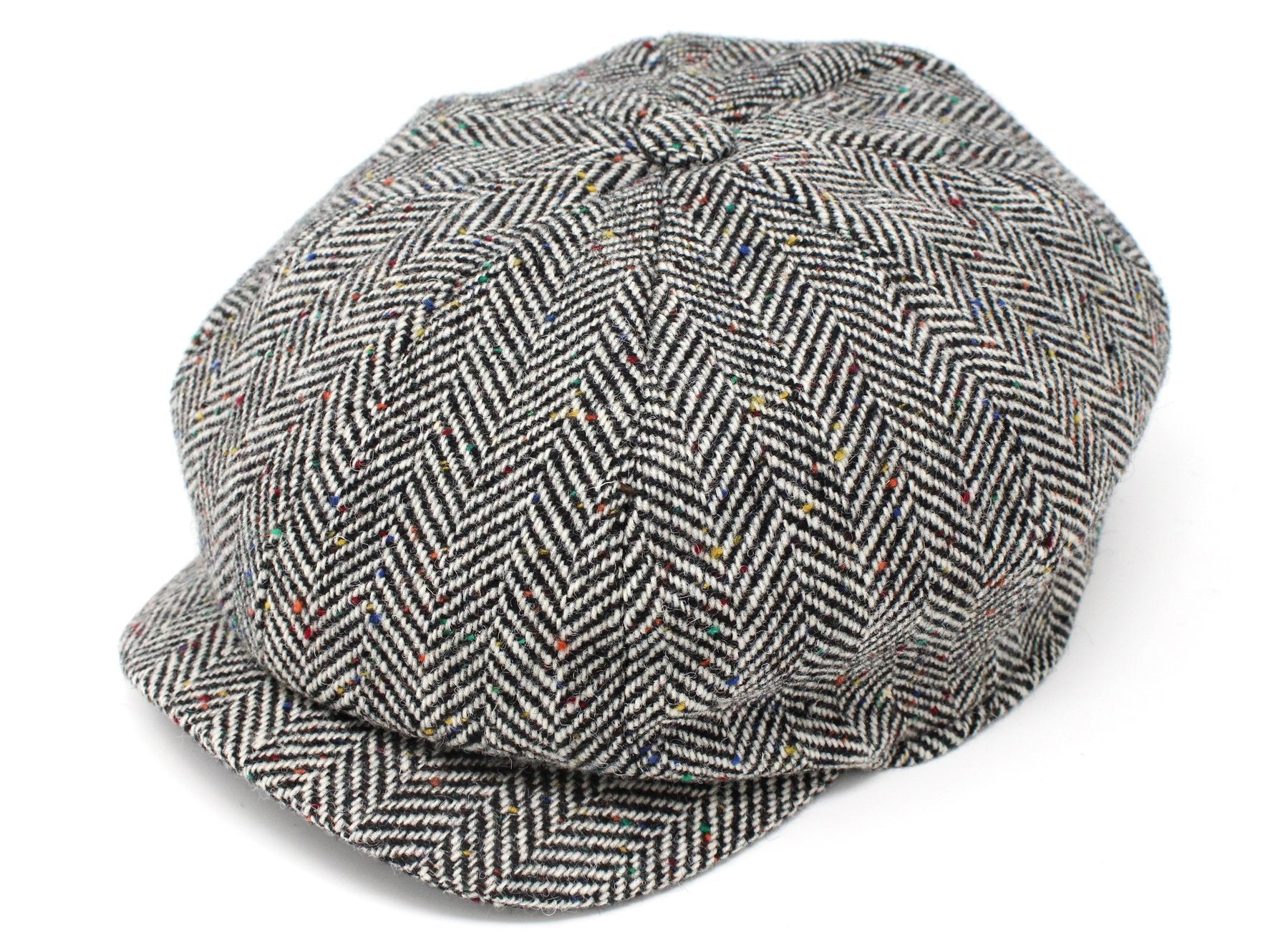 Wide herringbone multi fleck Peaky Blinders style cap by Hanna Hats of Donegal