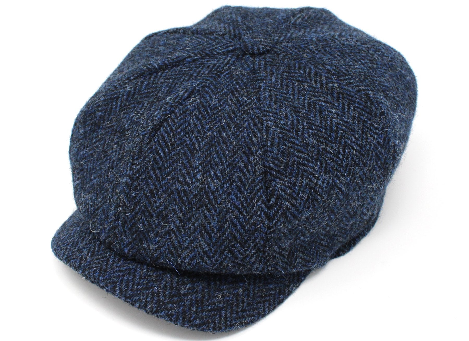 Blue and Black Herringbone Donegal Tweed Peaky Blinders Style Cap by Hanna Hats of Donegal.