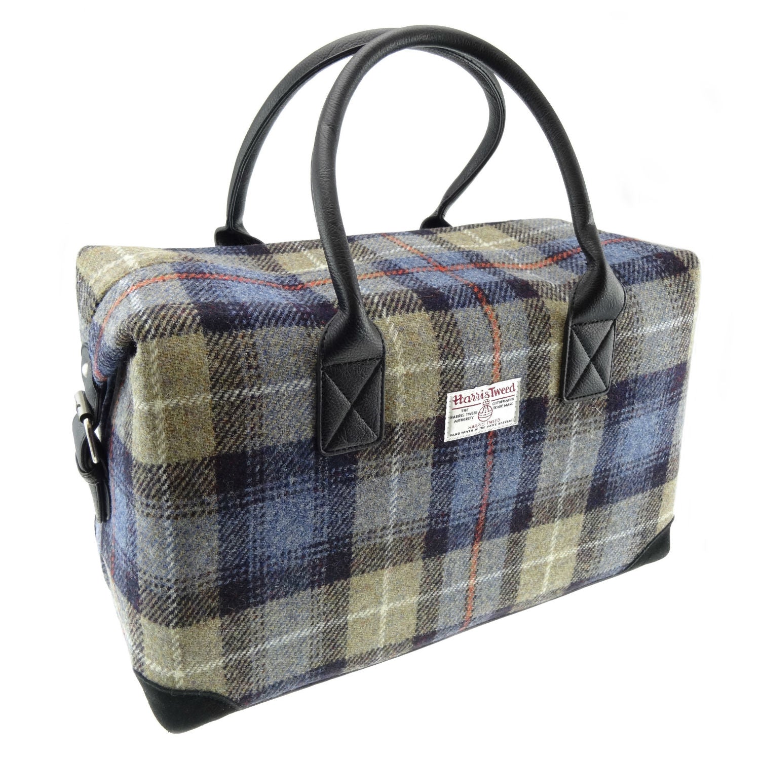 Blue Olive and Grey Plaid Scottish Harris Tweed Overnight Bag  Glen Appin