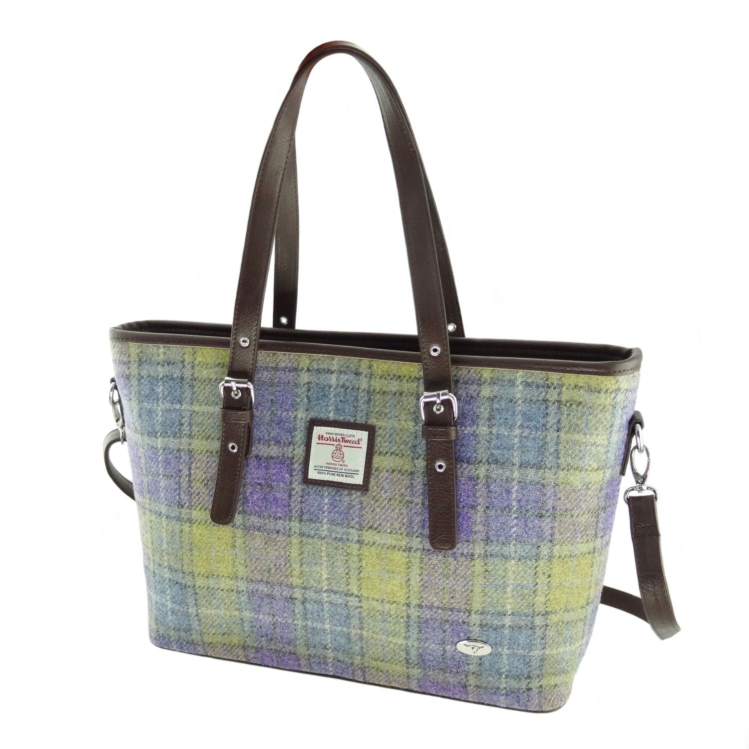 Muted Lilac and Green Check Scottish Harris Tweed Women's Large Tote Bag with Shoulder Strap Glen Appin of Scotland