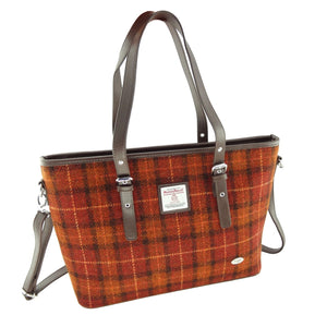Brown with Orange Overcheck Scottish Harris Tweed Women's Large Tote Bag with Shoulder Strap Glen Appin of Scotland