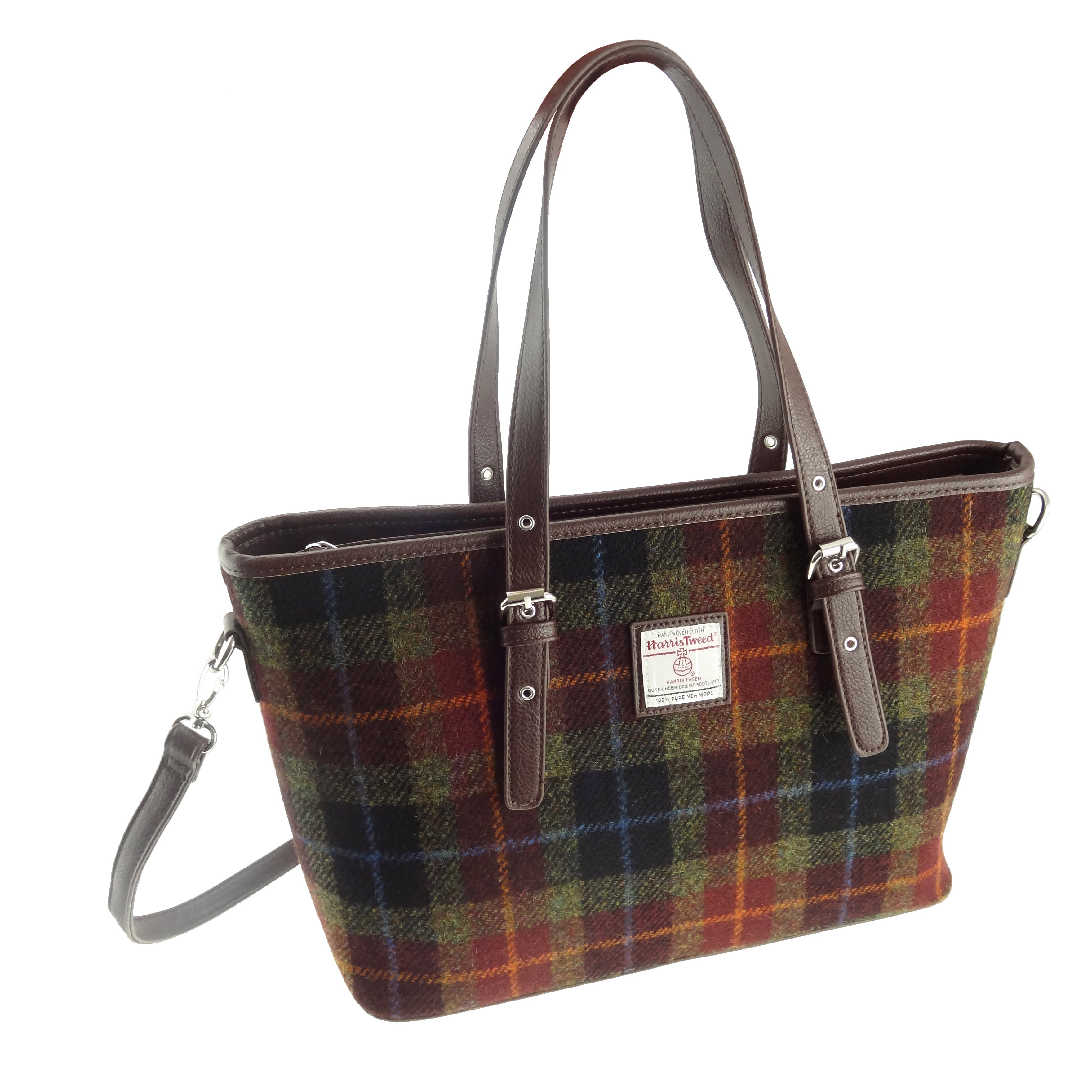 Rust Check Scottish Harris Tweed Women's Large Tote Bag with Shoulder Strap Glen Appin of Scotland