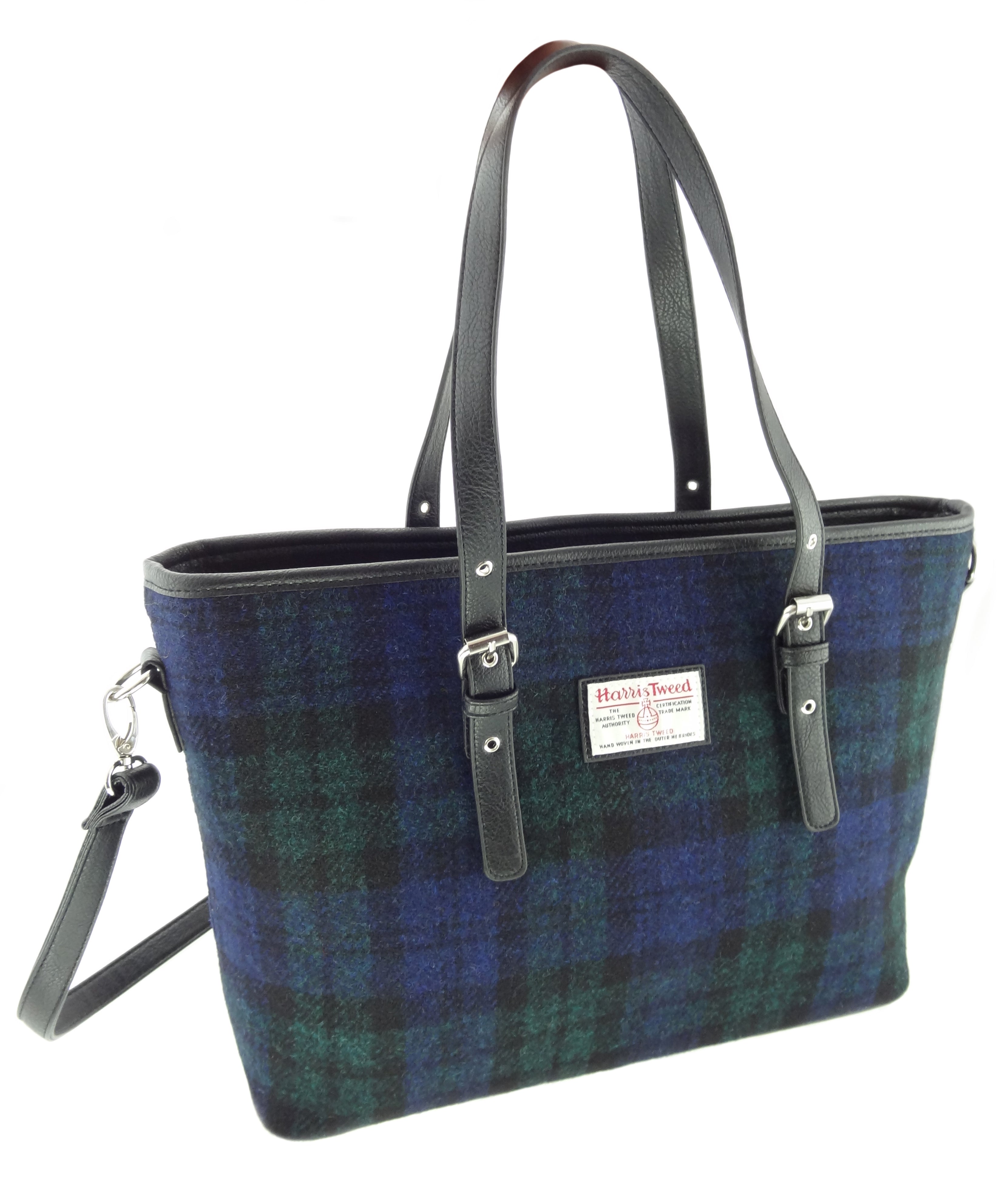 Blackwatch Tartan Scottish Harris Tweed Women's Large Tote Bag with Shoulder Strap Glen Appin of Scotland