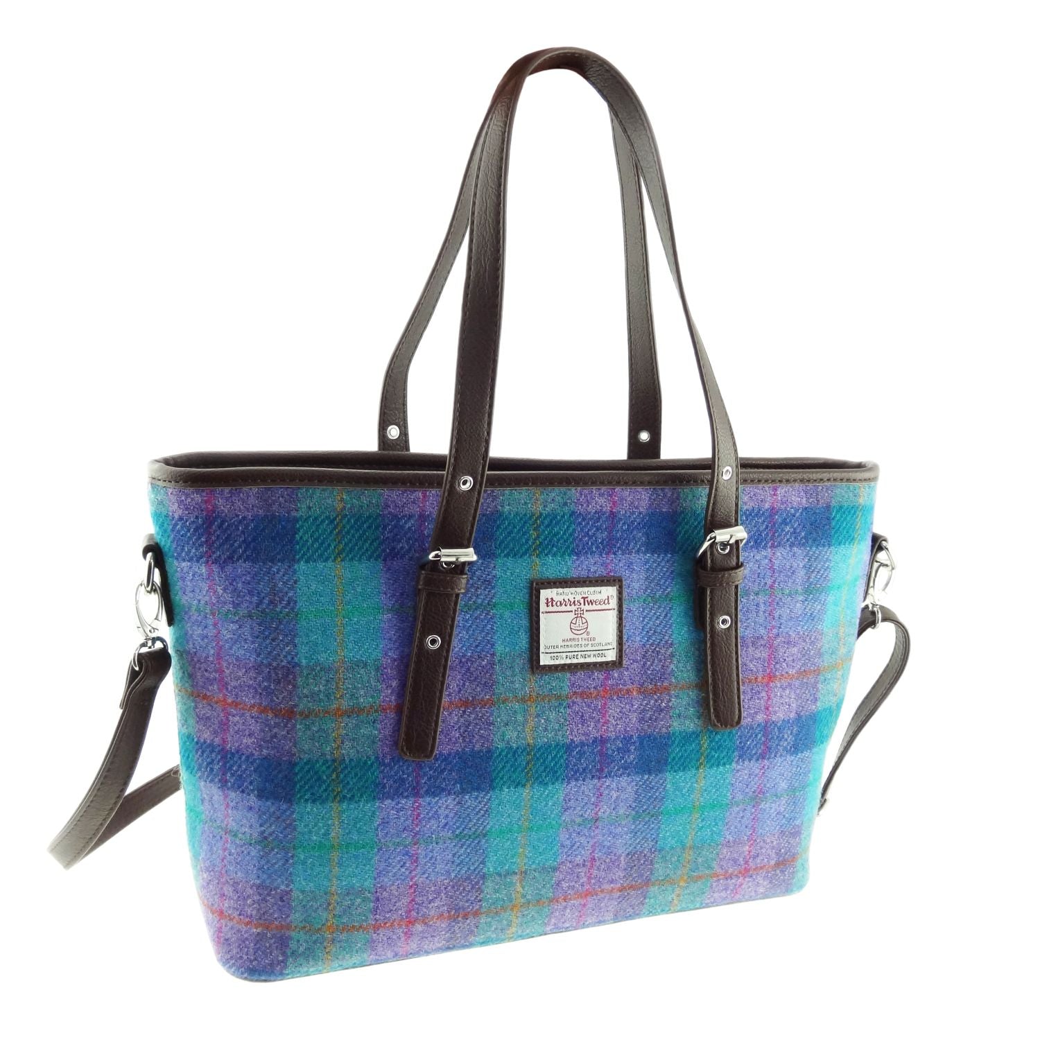 Green and Purple Scottish Harris Tweed Women's Large Tote Bag with Shoulder Strap Glen Appin of Scotland