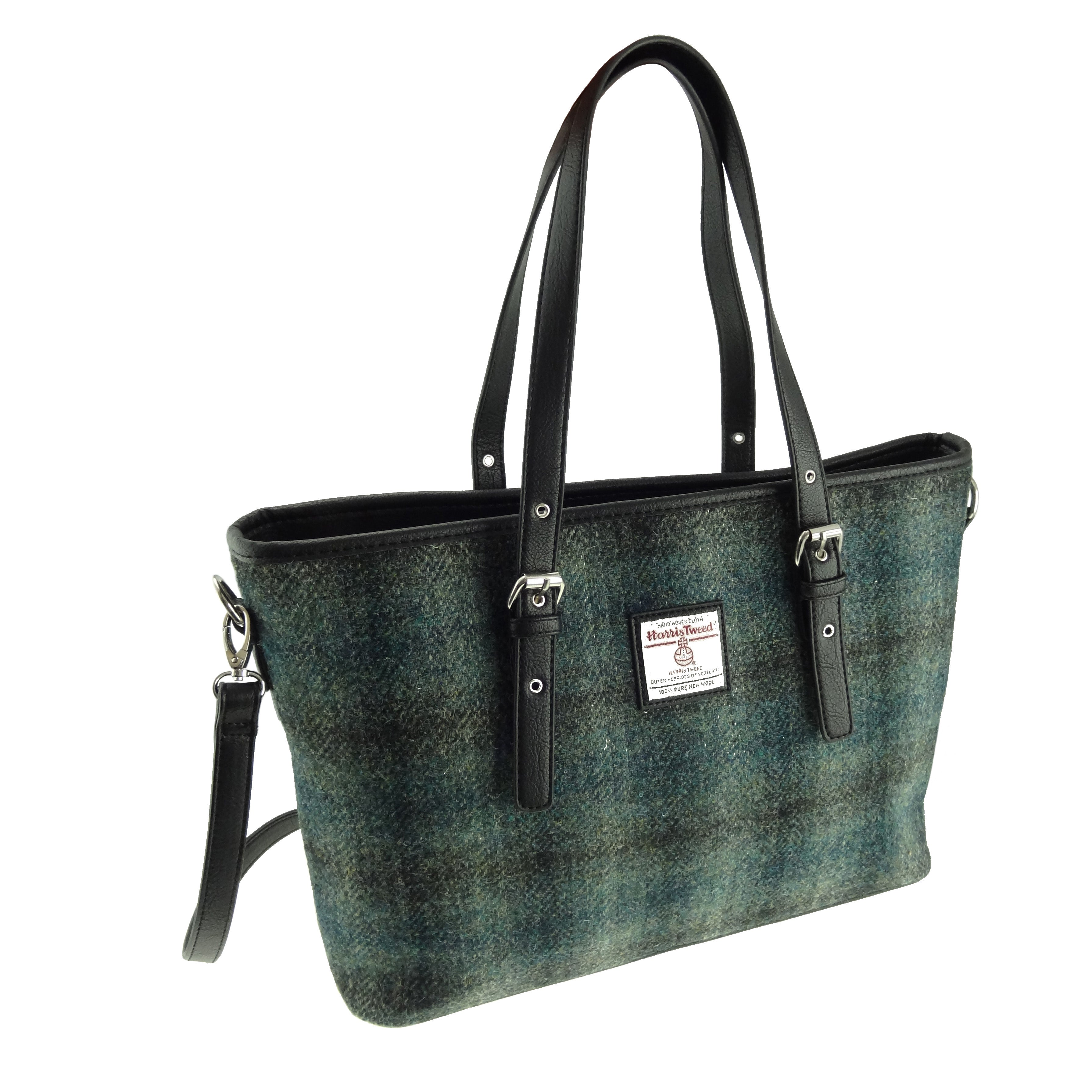 Moss Green Scottish Harris Tweed Women's Large Tote Bag with Shoulder Strap Glen Appin of Scotland