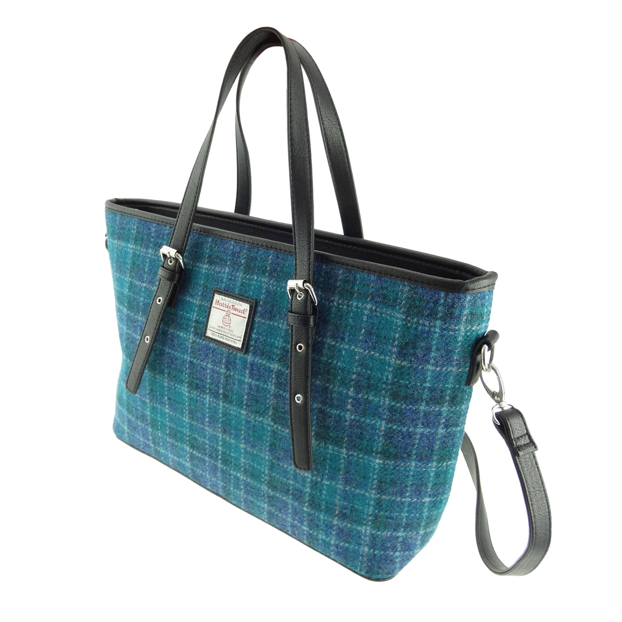 Sea Blue Check Scottish Harris Tweed Women's Large Tote Bag with Shoulder Strap Glen Appin of Scotland