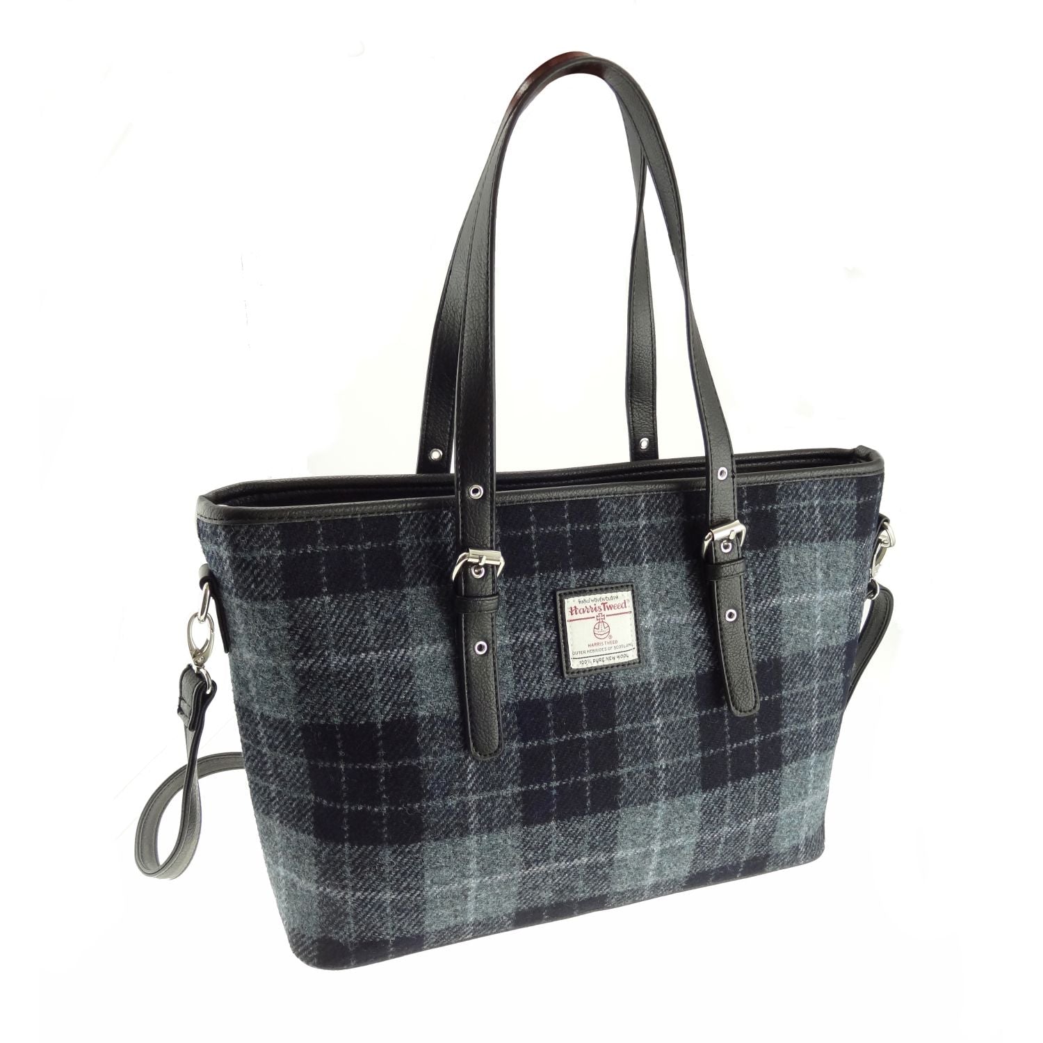 Grey and Black Scottish Harris Tweed Women's Large Tote Bag with Shoulder Strap Glen Appin of Scotland