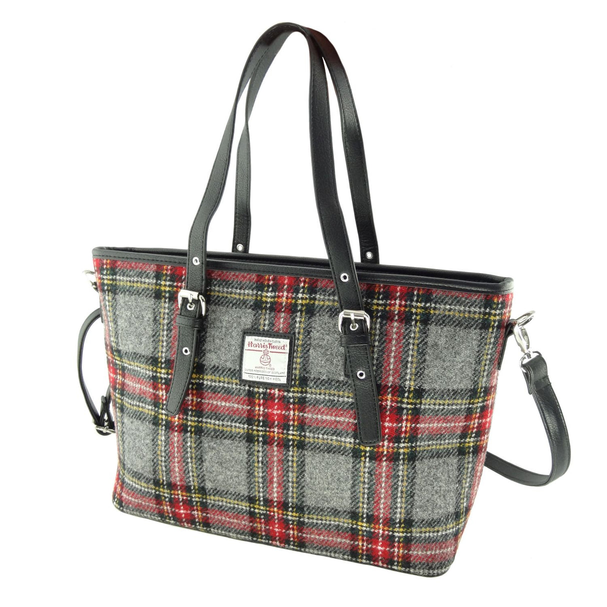 Grey and Red Tartan Scottish Harris Tweed Women's Large Tote Bag with Shoulder Strap Glen Appin of Scotland
