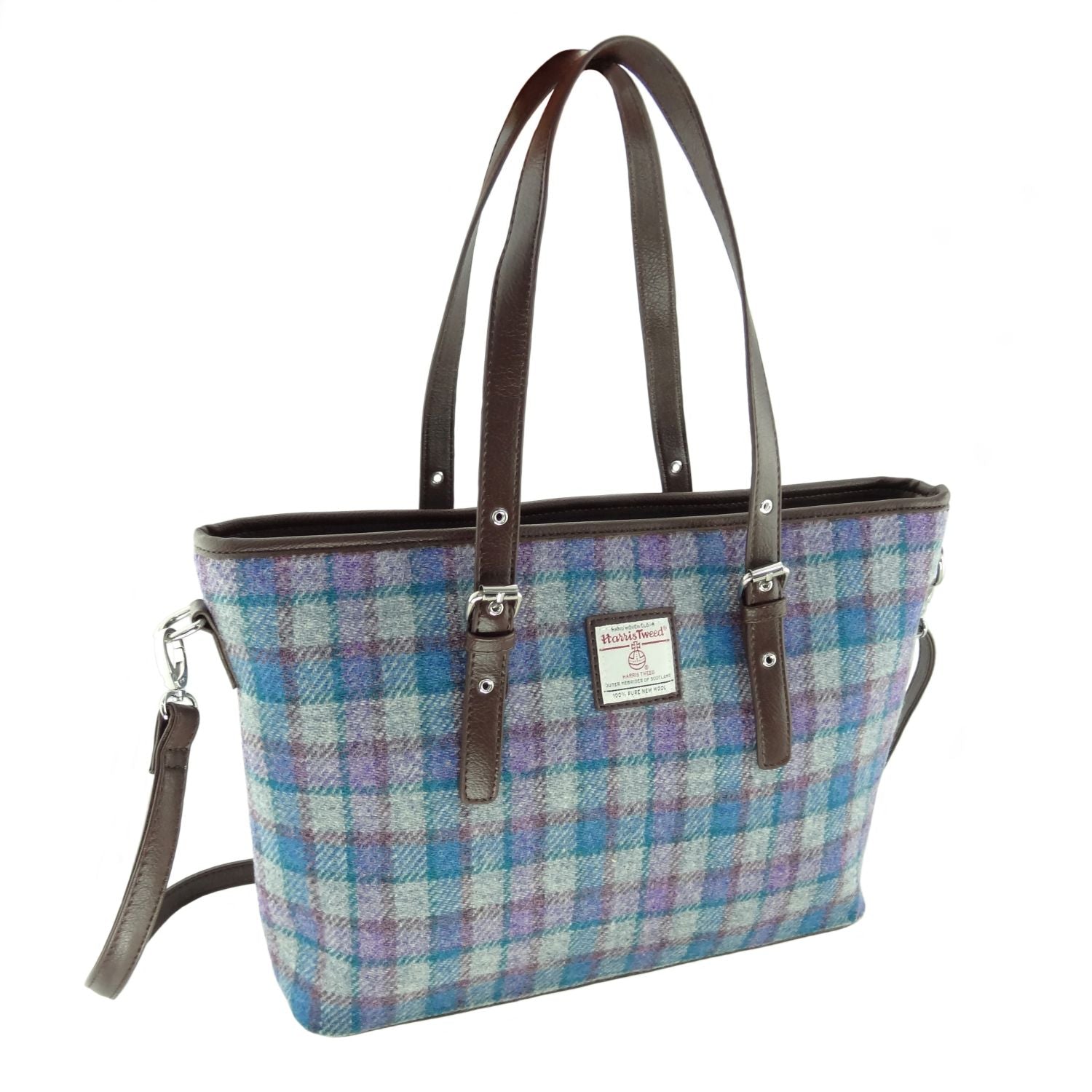 Blue and Purple Check on Grey Scottish Harris Tweed Women's Large Tote Bag with Shoulder Strap Glen Appin of Scotland
