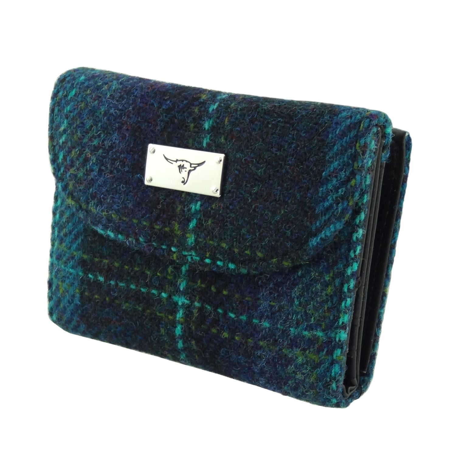 Women's Harris Tweed Blue Check Real Leather Bifold Wallet, Card Holder with Zipper Coin Purse