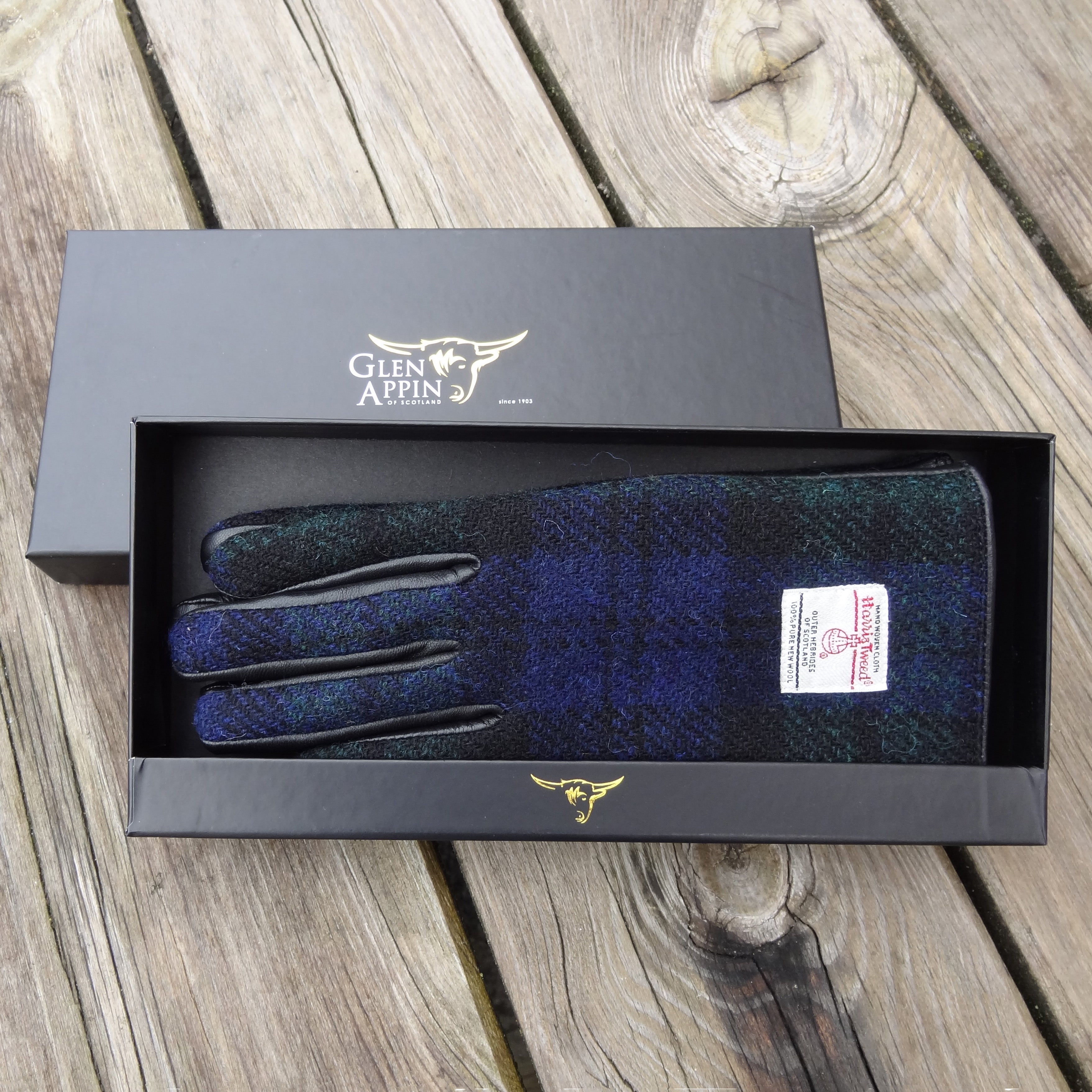 Womens Harris Tweed and Black Leather Gloves - Boxed