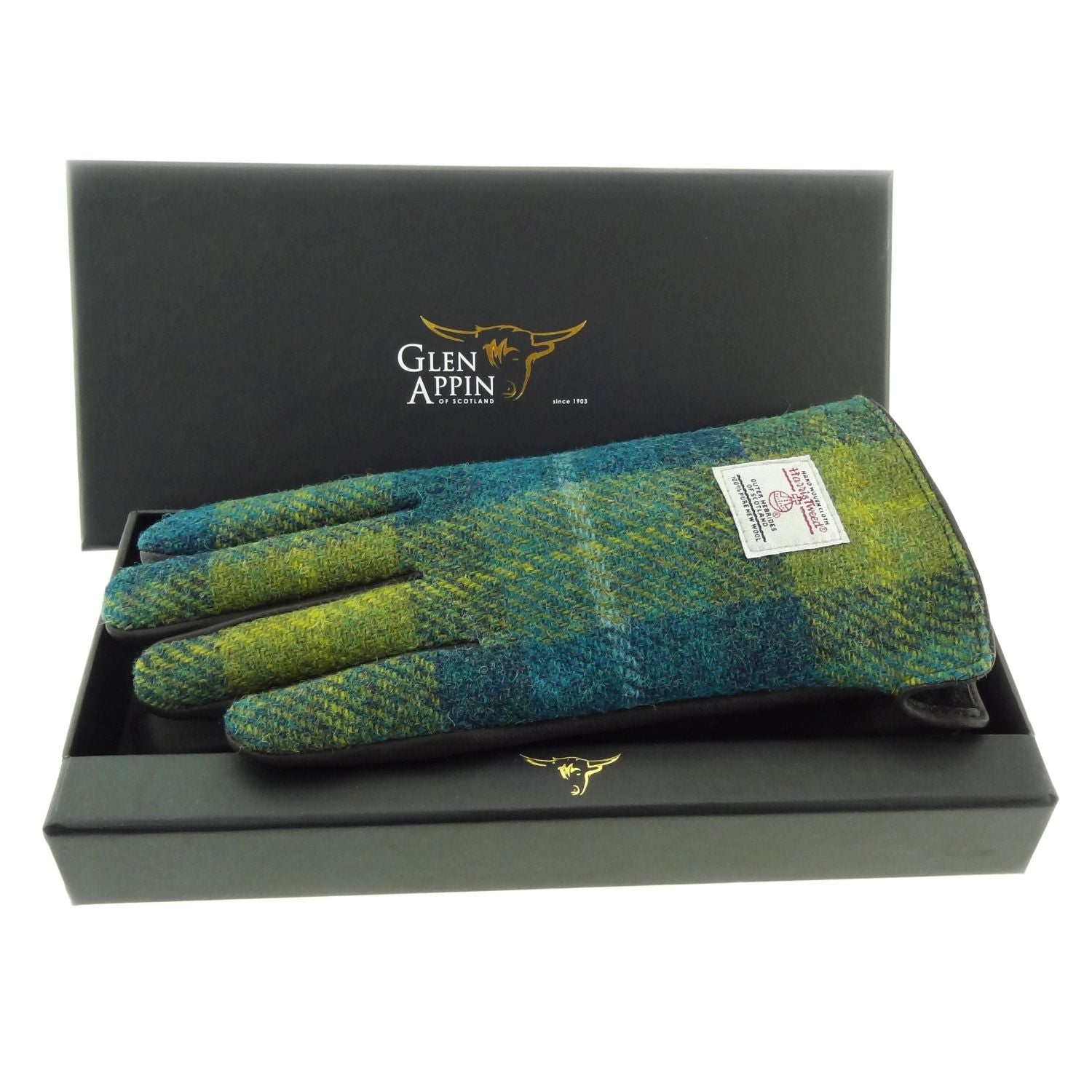 Womens Harris Tweed and Brown Leather Gloves - Gift Boxed