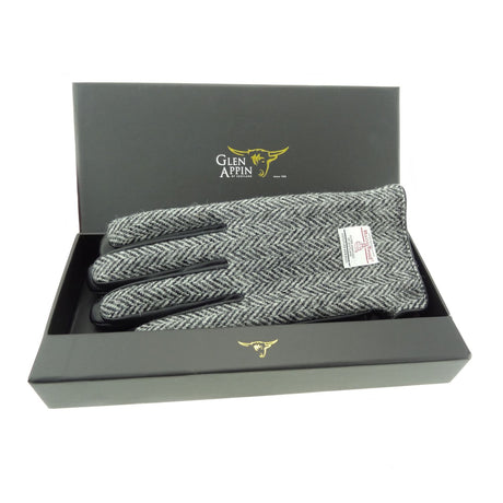 Mens Harris Tweed and Black Leather Gloves - Sold In Gift Box