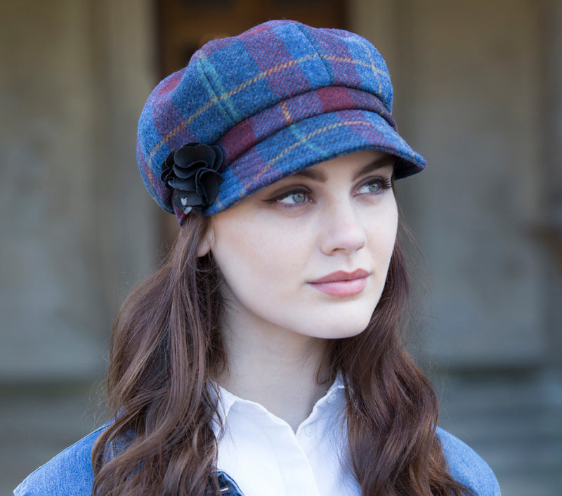 Irish Wool Tweed Newsboy Hats for Women Made in Killarney - Ships Fast Navy, Green and Teal Check - Mucros Weavers