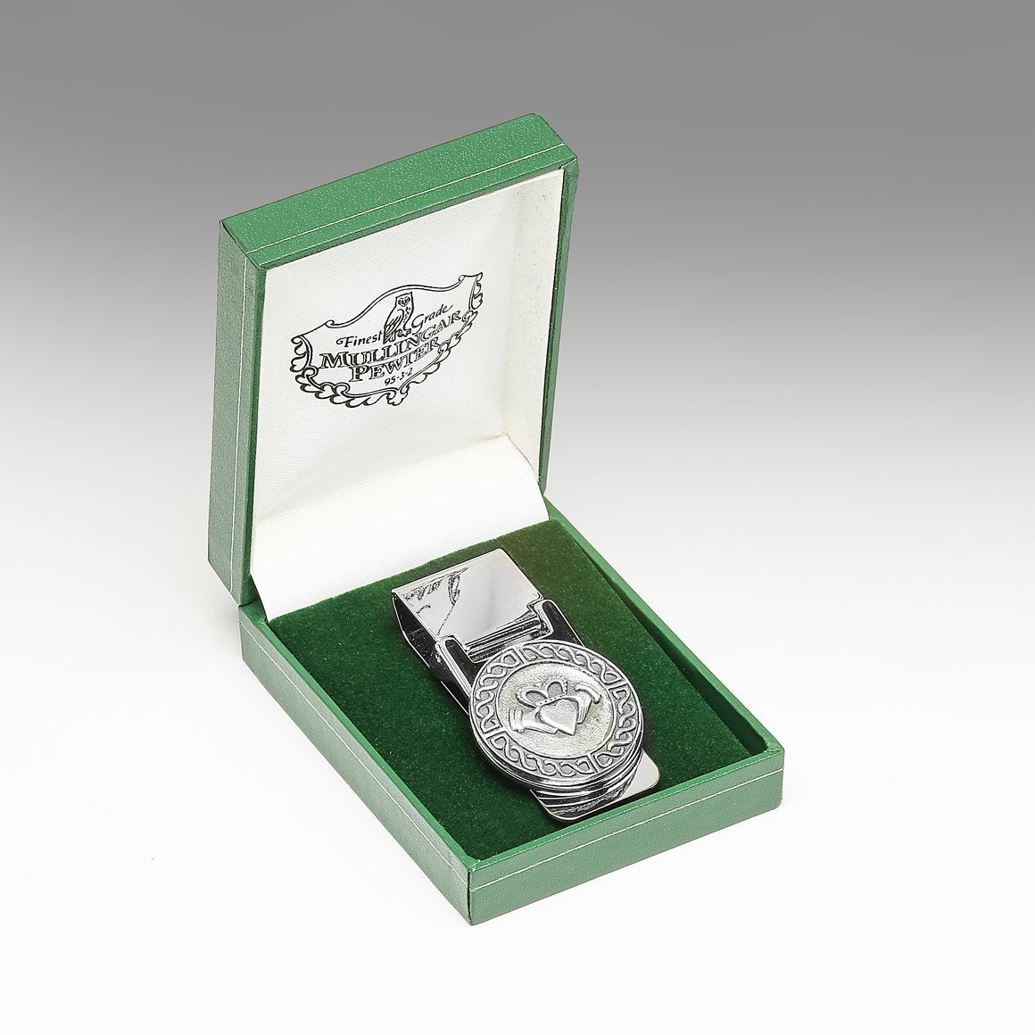 Claddagh Design on Pewter Money Clip in Green Gift Box by  Mullingar Pewter