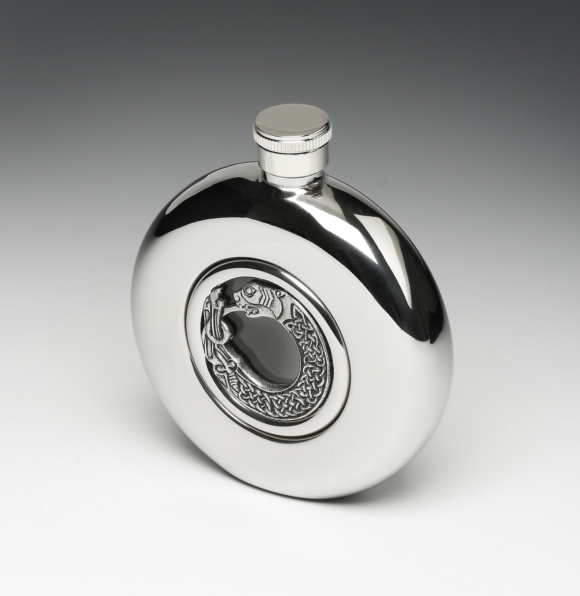 Round Whiskey Hip Flask with Glass Center and St. Mark/Lion Design