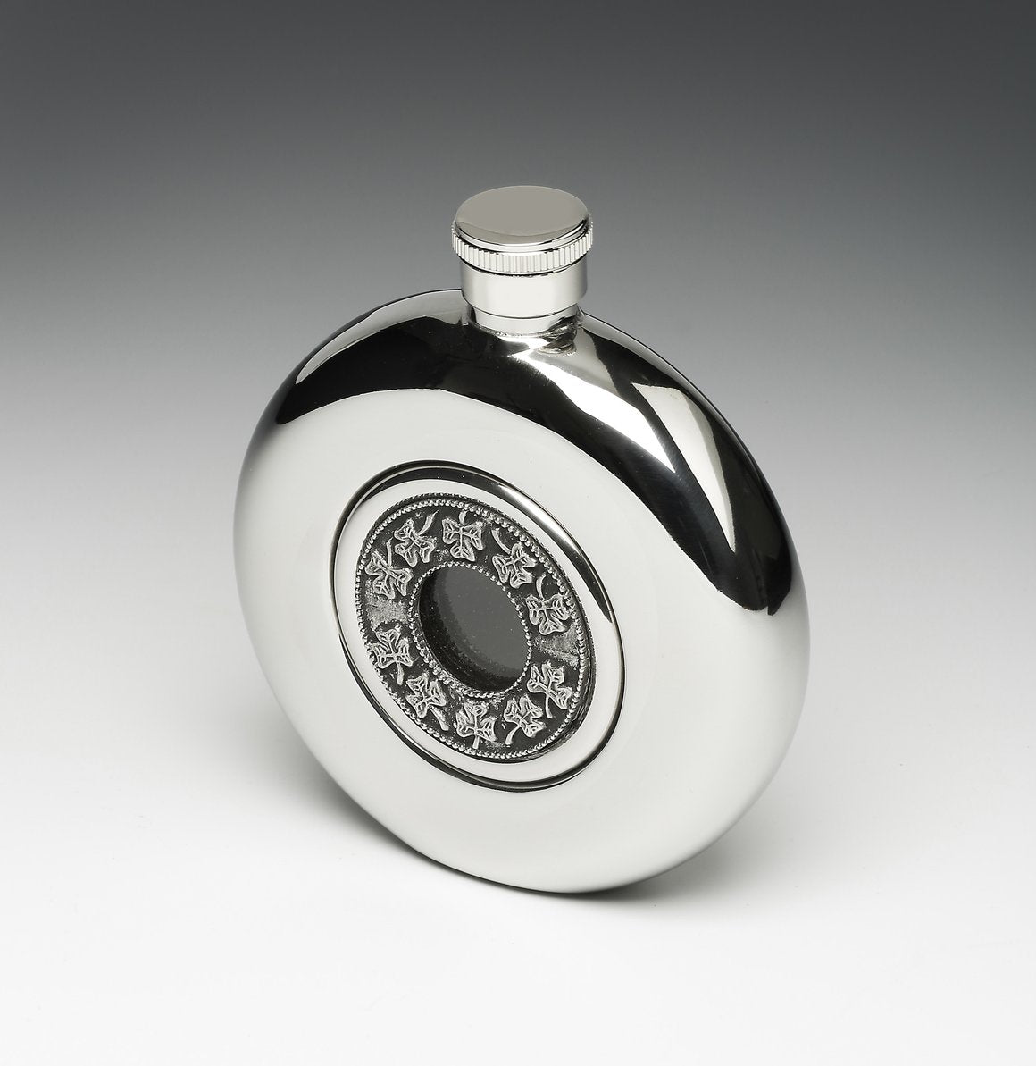 Round Whiskey Flask with Glass Center and Shamrocks