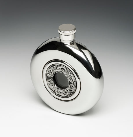 Round Whiskey Hip Flask with Glass Center and Celtic Birds Design