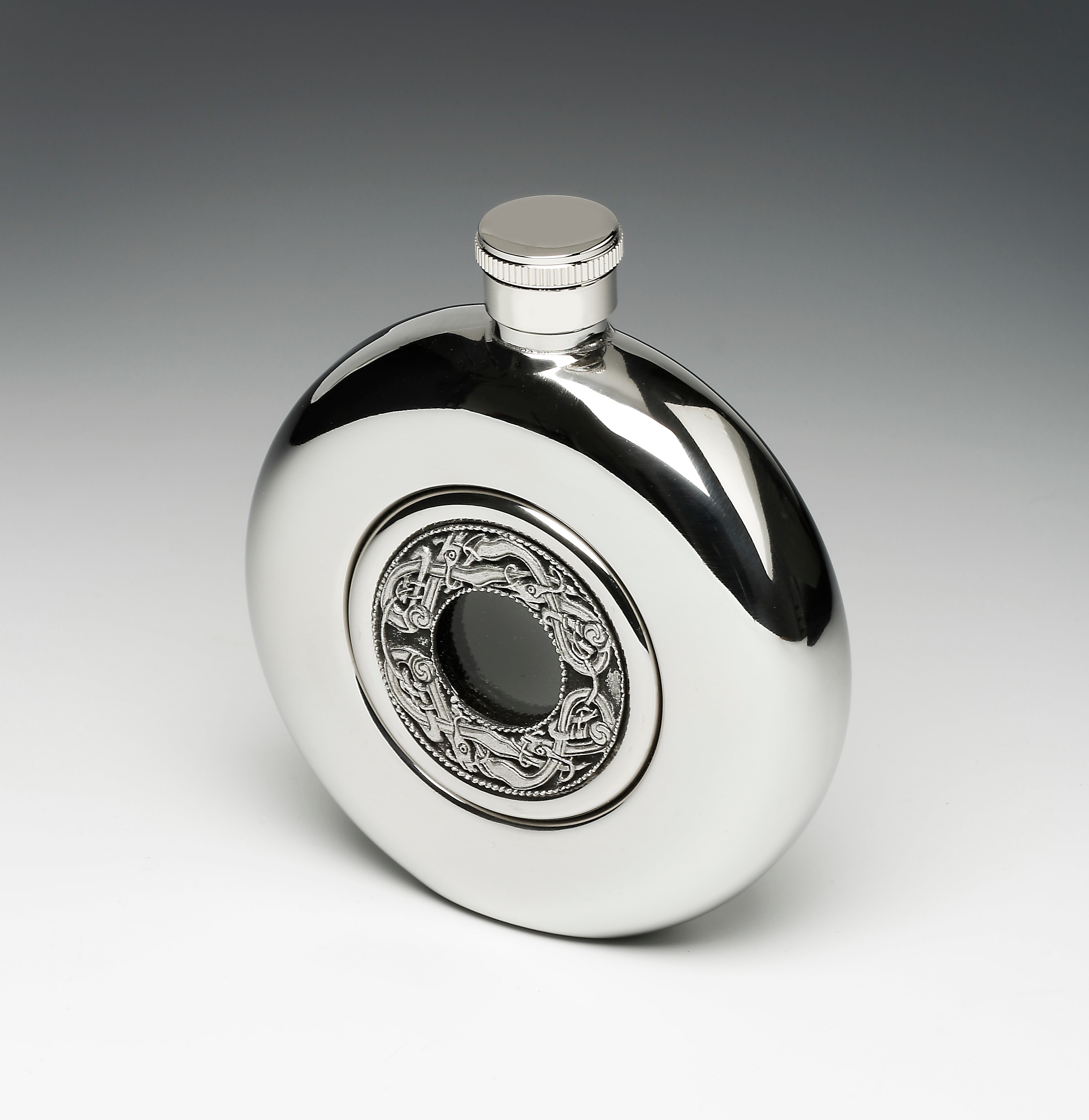 Round Whiskey Hip Flask with Glass Center and Celtic Birds Design