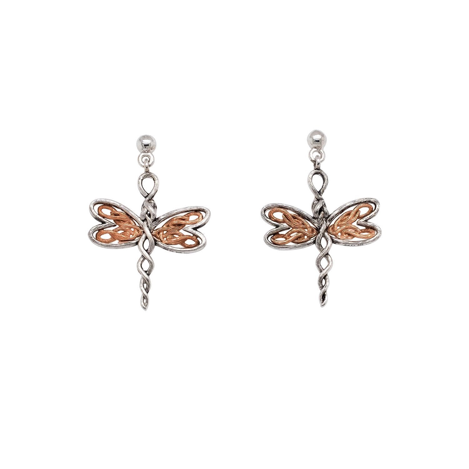 Rose Gold Dragonfly Post Earrings - Sterling Silver / Dark Rhodium and White Cubic Zirconia