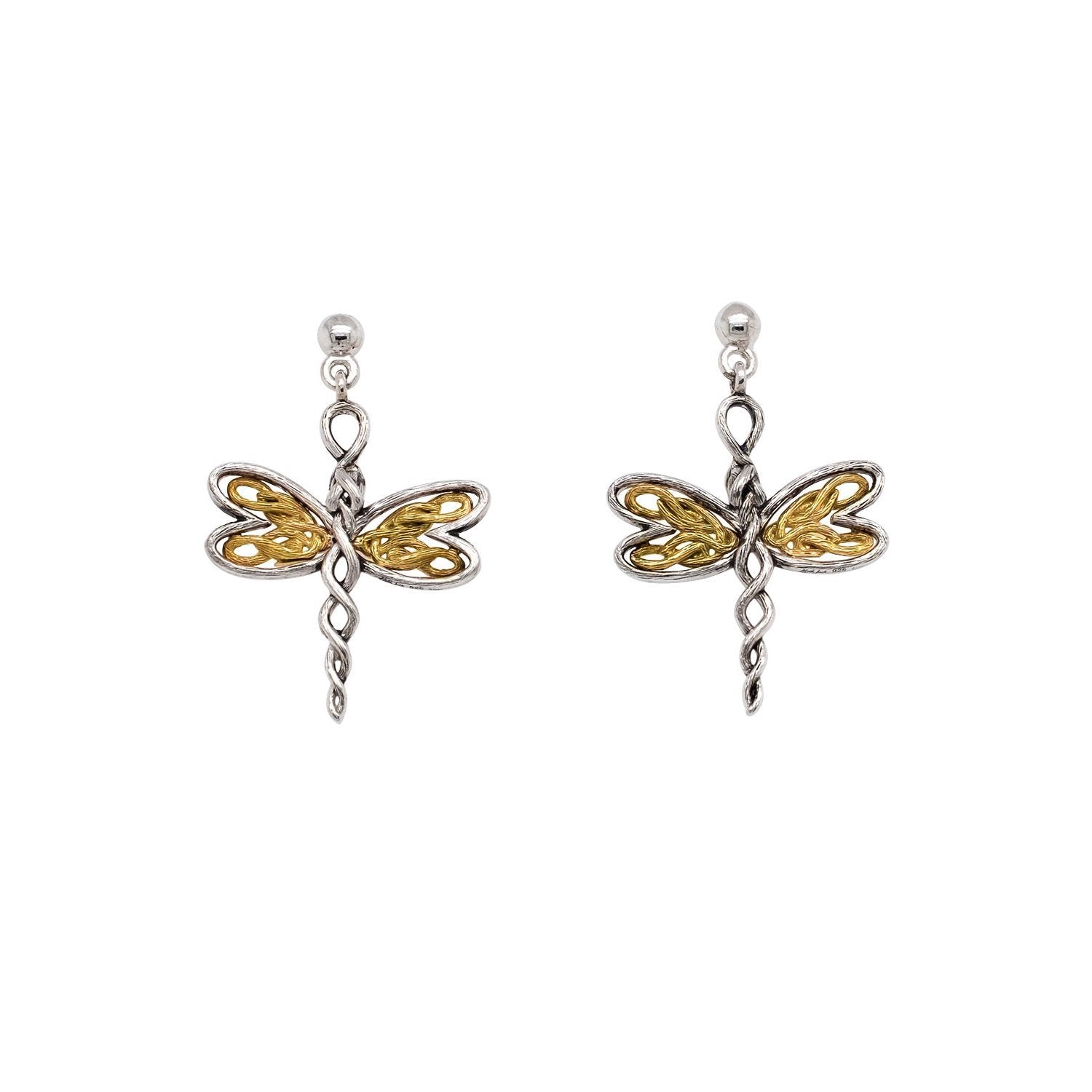 Dragonfly Post Earrings - Sterling Silver / Dark Rhodium and 10k Gold and White Cubic Zirconia