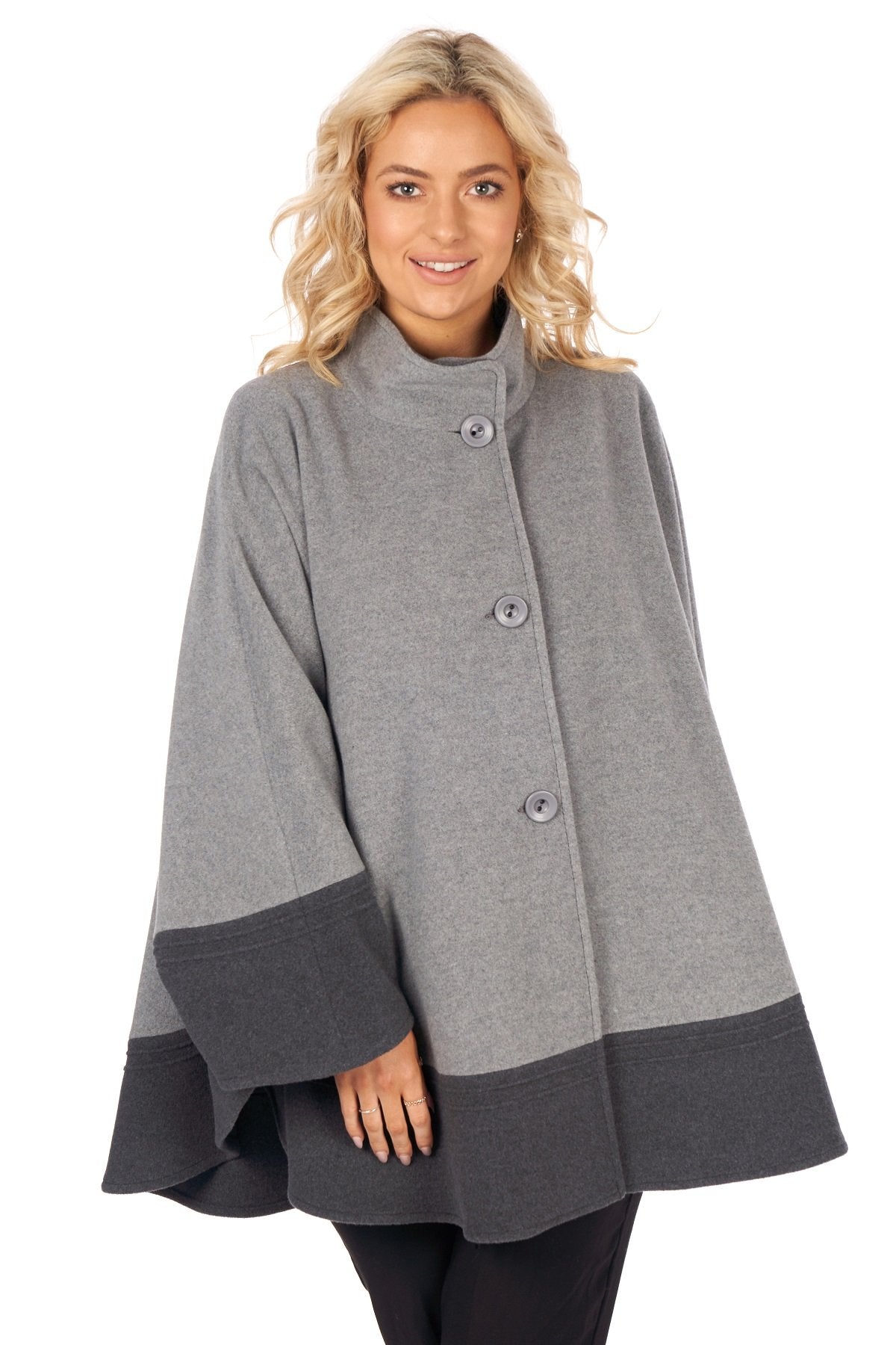 Two tone grey women's cape with 3 large buttons and mandarin collar by Jimmy Hourihan, Dublin, Ireland