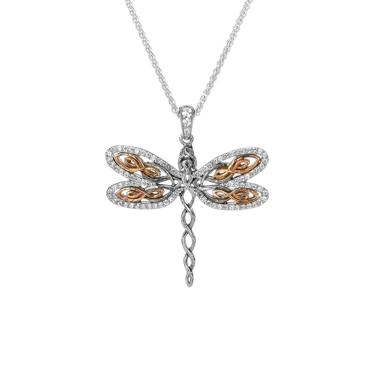 Rose Gold Dragonfly Pendant - Sterling Silver / Dark Rhodium and 10k Gold and White Cubic Zirconia