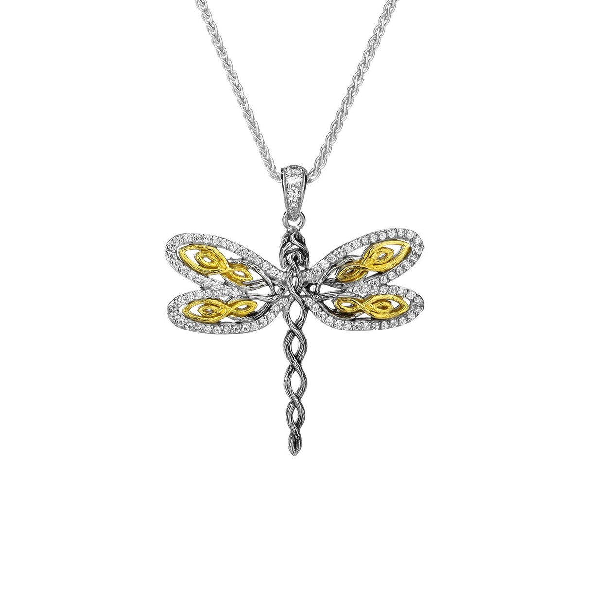 Dragonfly Pendant - Sterling Silver / Dark Rhodium and 10k Gold and White Cubic Zirconia