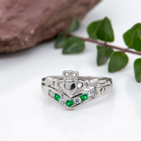 Emerald and Cubic Zirconia Claddagh Wishbone Ring