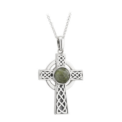Silver Connemara Marble Celtic Cross Necklace
