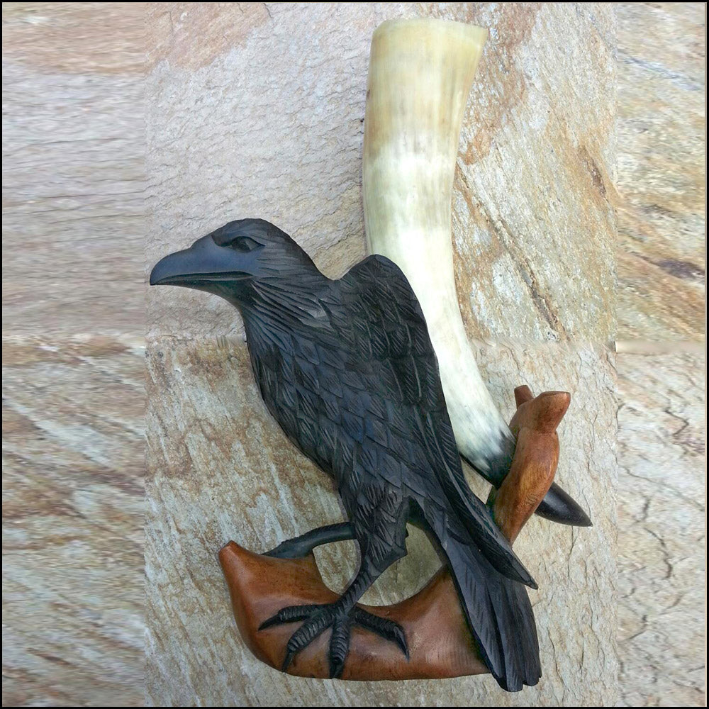 Viking Raven Horn Holder Wood Carving VM-23